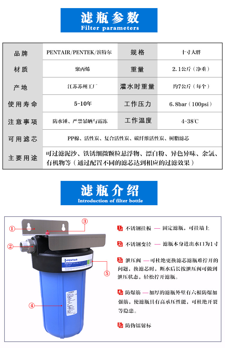 全屋净水新选择 PENTAIR滨特尔大胖蓝瓶10英寸过滤器实测体验